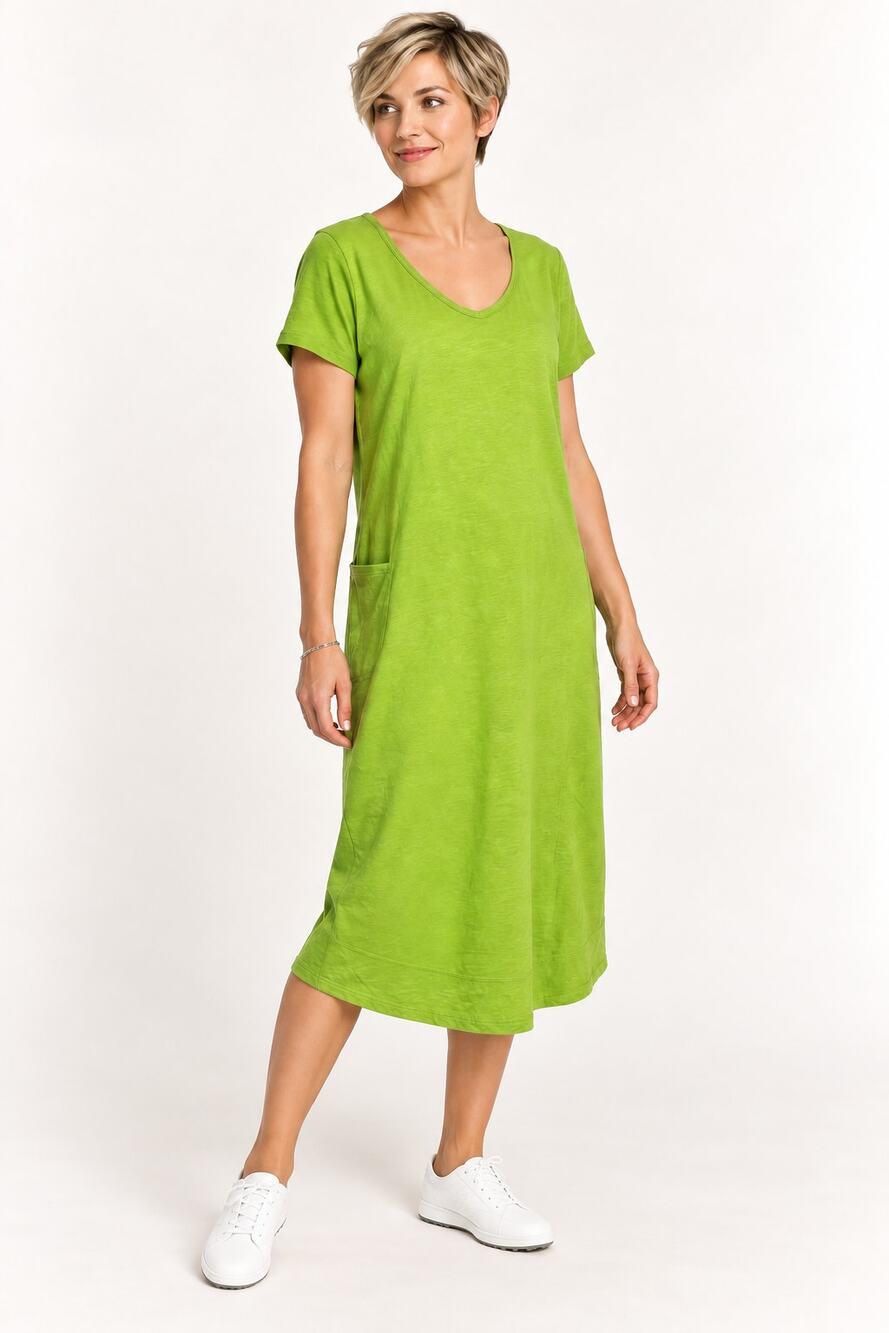 Toad&Co Dress M Lime Green Organic Cotton Tencel Midi T Shirt Pockets Casual